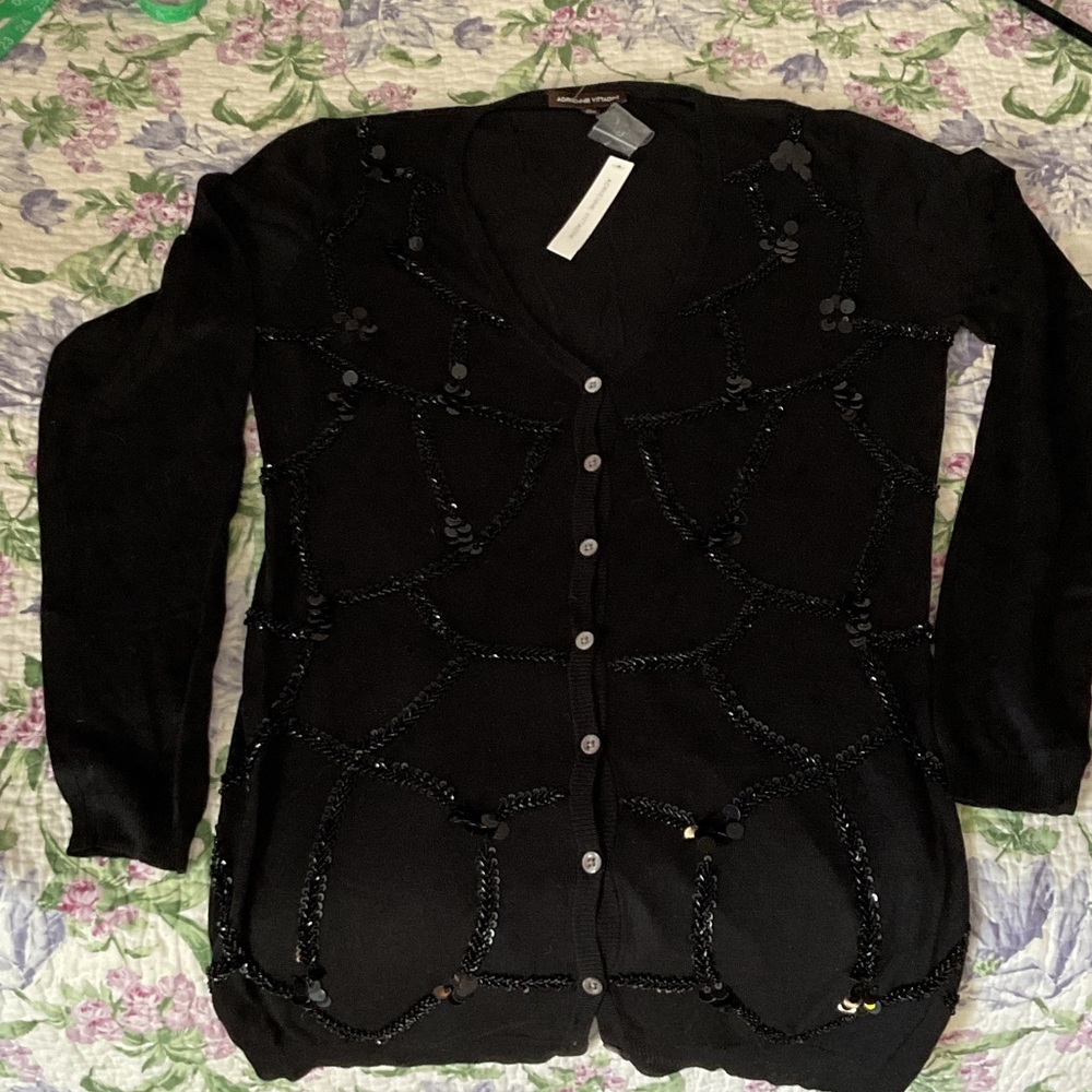 Adrienne Vittadini silk blend Black Embellished Cardigan; size M; new